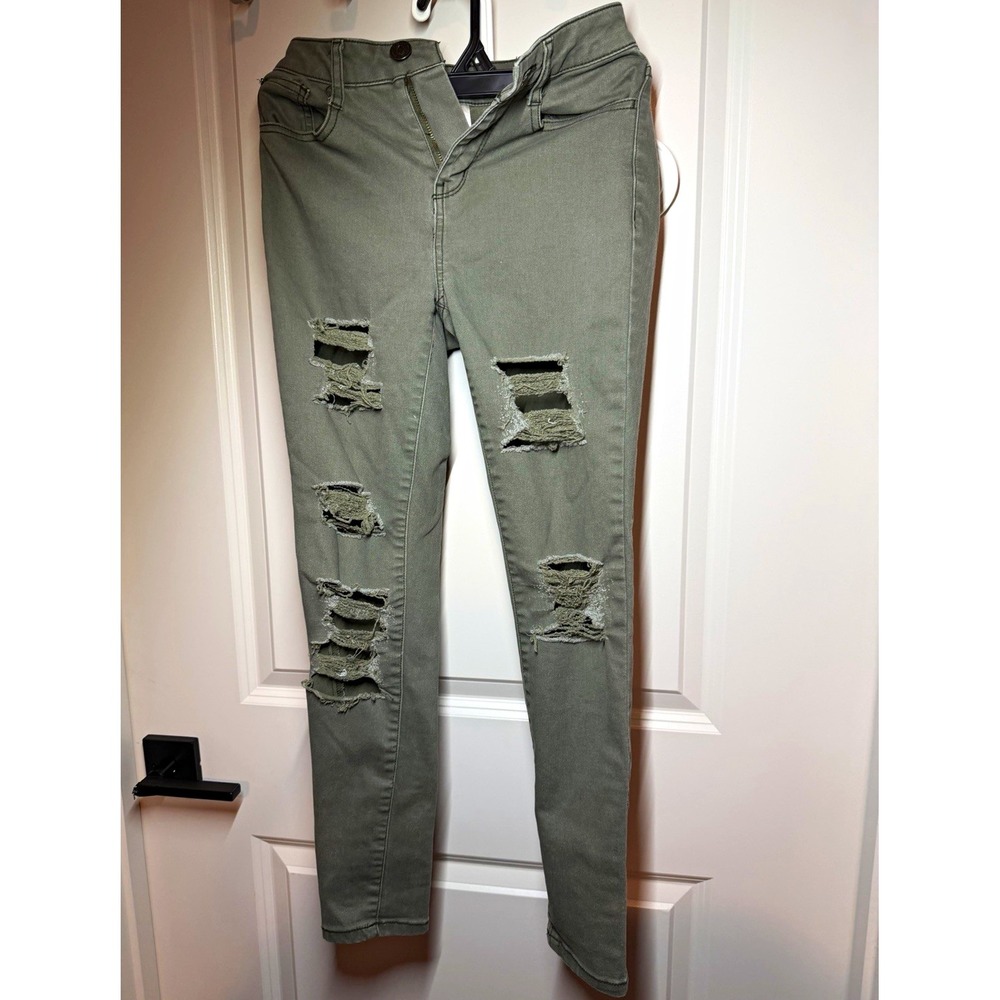 SO Juniors High Rise Slim Jegging Jeans Green Denim Distressed Stretch Pockets